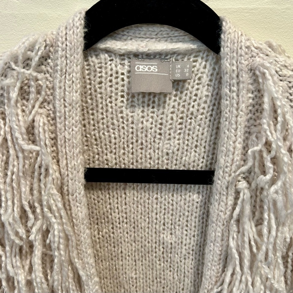 ASOS Cream Fringe Shaggy Open Front Cardigan Boho Festival 70’s Revival Size 0 - Picture 2 of 7